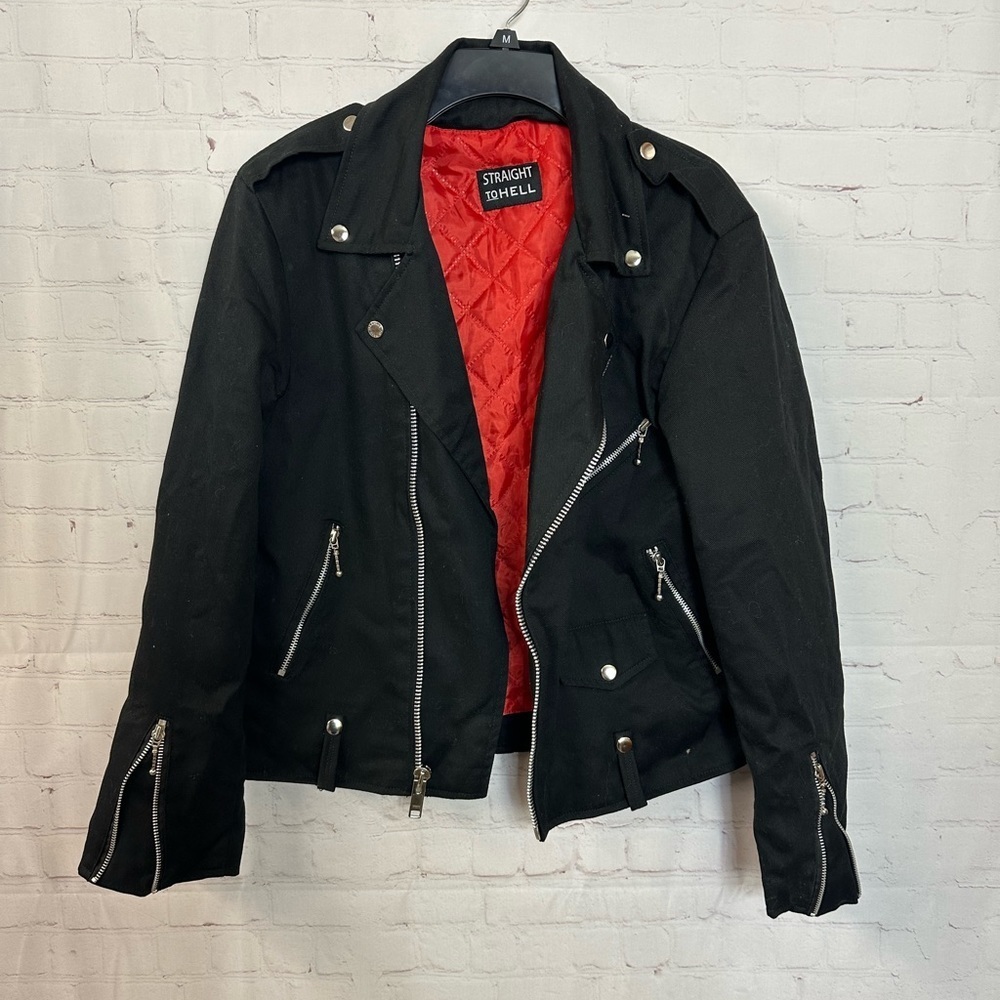 Straight to Hell Black Moto Jacket with Red Lining